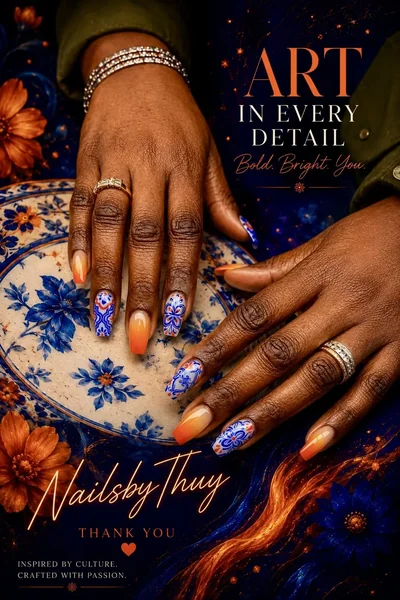 Bespoke seasonal nail art layered techniques custom color palette — Austin TX nail art Nails by Thuy