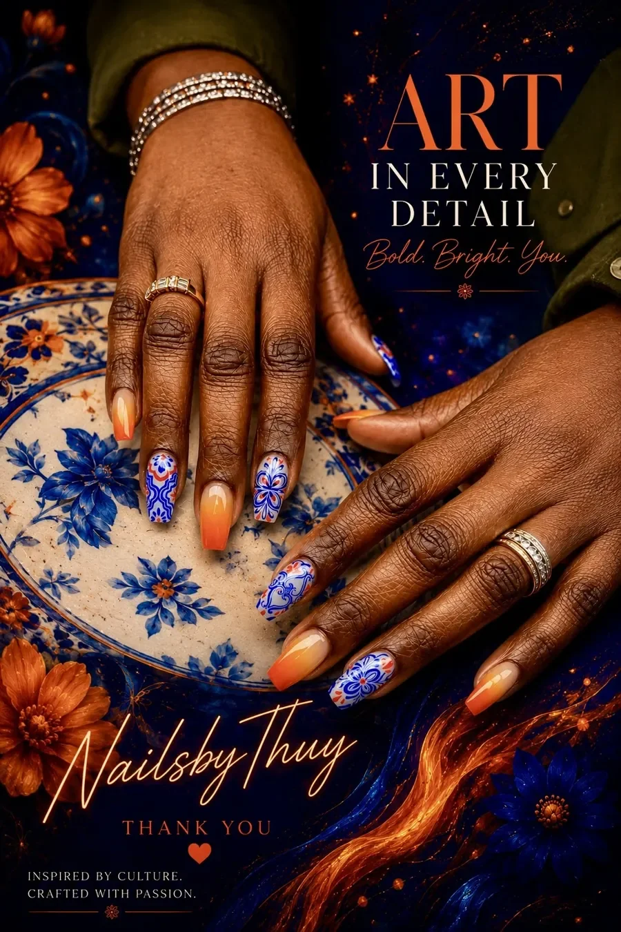 Rich earthy seasonal nail art with layered mixed tones — Nails by Thuy Austin TX